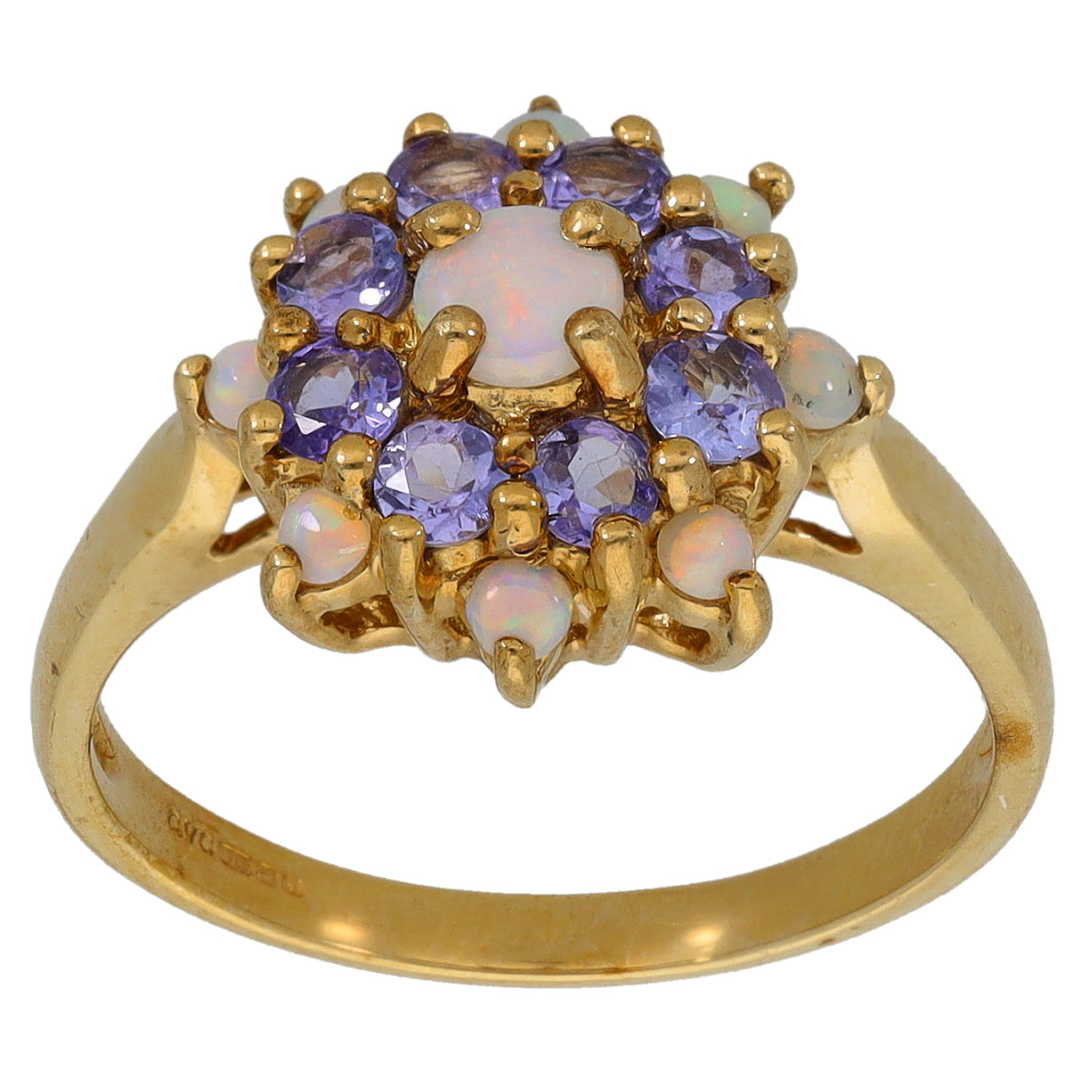 9ct gold cocktail ring with purple tanzanite and white opal cluster stones