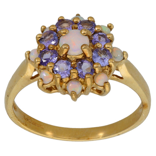 9ct gold cocktail ring with purple tanzanite and white opal cluster stones