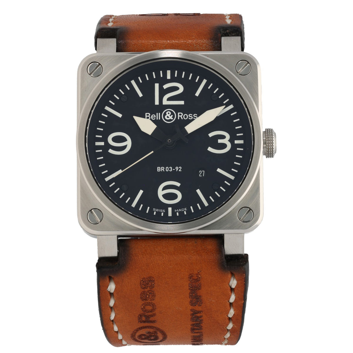 Bell & Ross BR03 BR03-92, black dial inside stainless steel case with adjustable brown leather strap