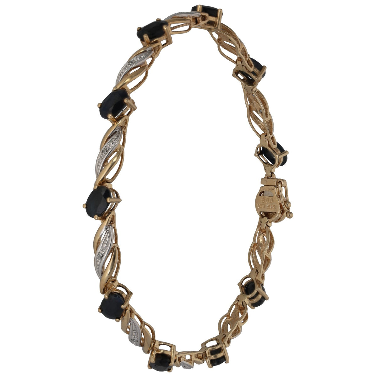 Bicolour gold tennis bracelet with dark sapphire-style stones, diamond accents, clasp end