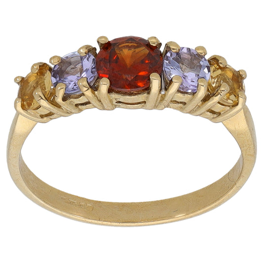 9ct Gold Citrine & Garnet & Tanzanite Half Eternity Ring Size N