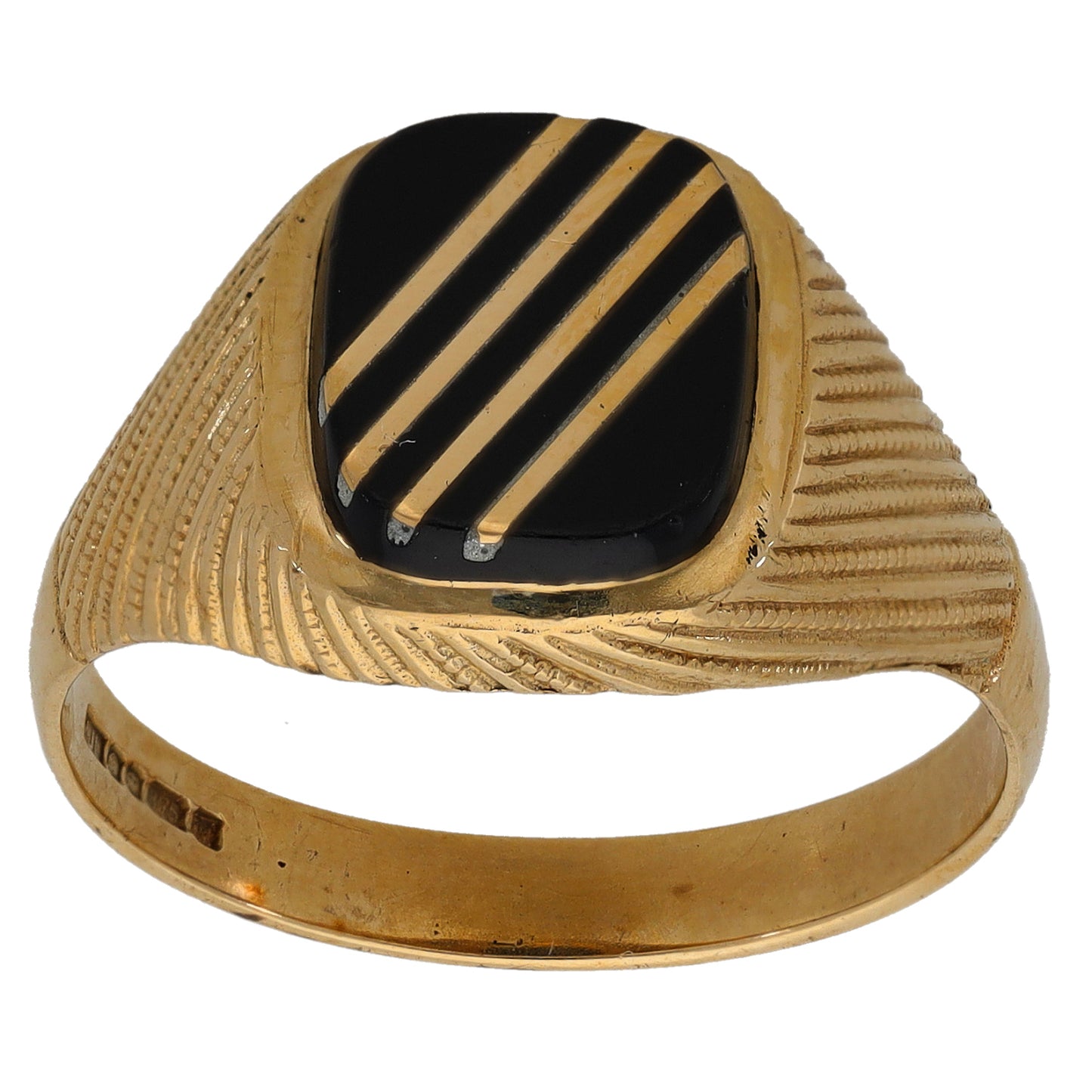 9ct Gold Onyx Patterned Single Stone Signet Ring Size V