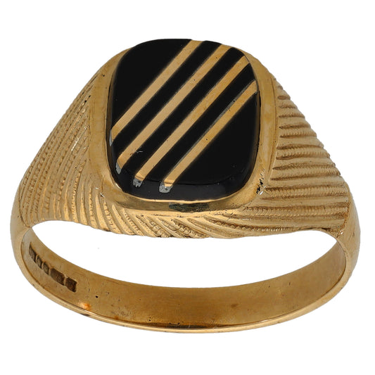 9ct Gold Onyx Patterned Single Stone Signet Ring Size V