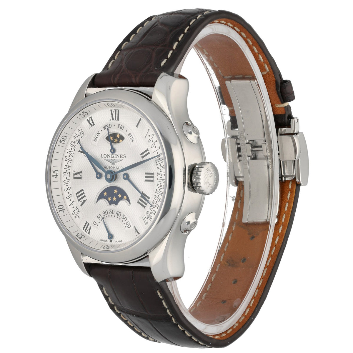 Longines Master Collection Retrograde Moonphase L2.738.4, white dial with brown adged leather strap, front angle image