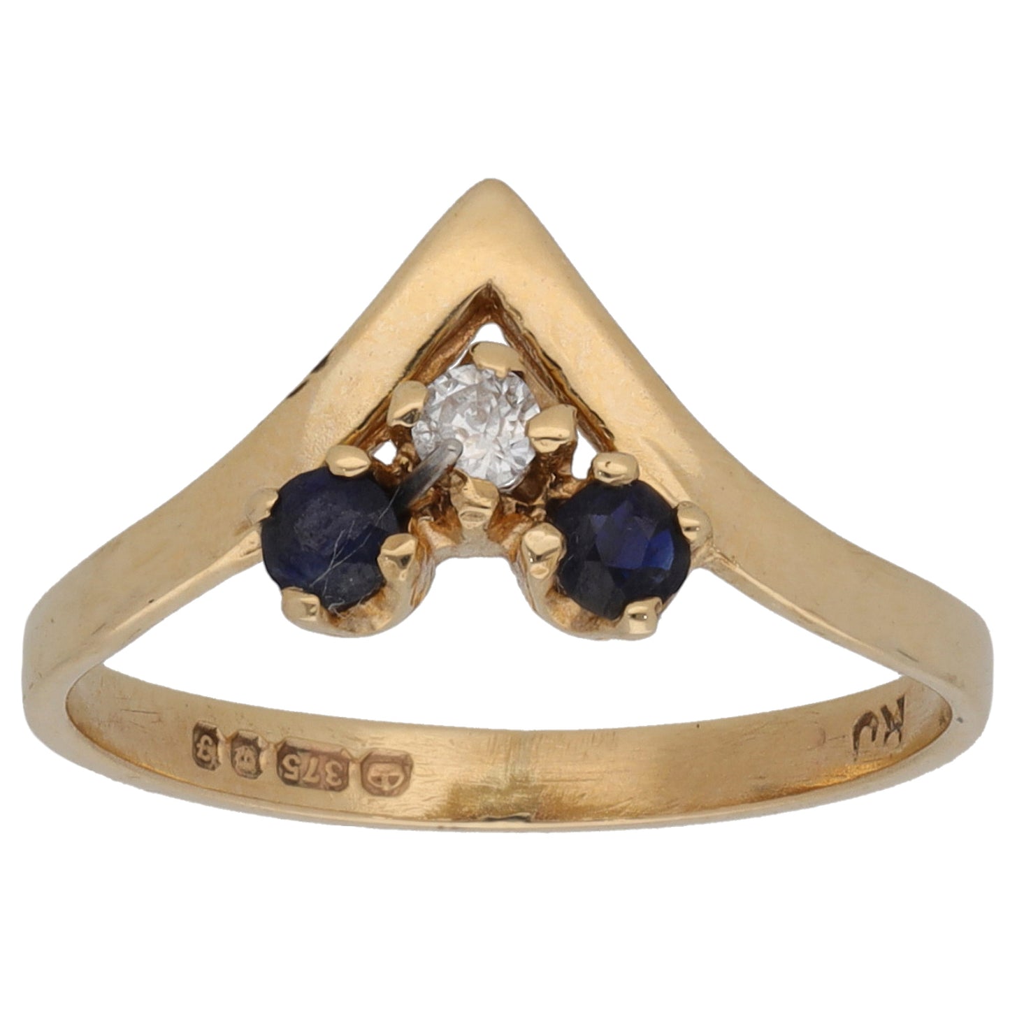 9ct Gold Sapphire & 0.05ct Diamond Wishbone Ring Size K
