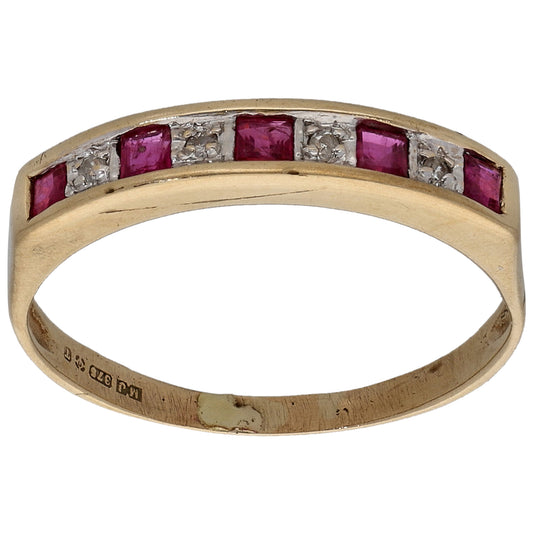 9ct Gold Ruby & 0.02ct Diamond Half Eternity Ring Size O