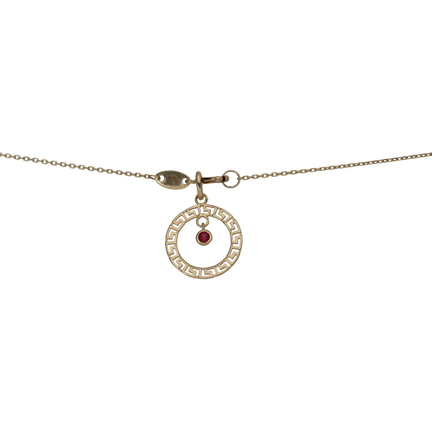 Gold-tone pendant necklace with clasp and round red faux-ruby Greek-key design