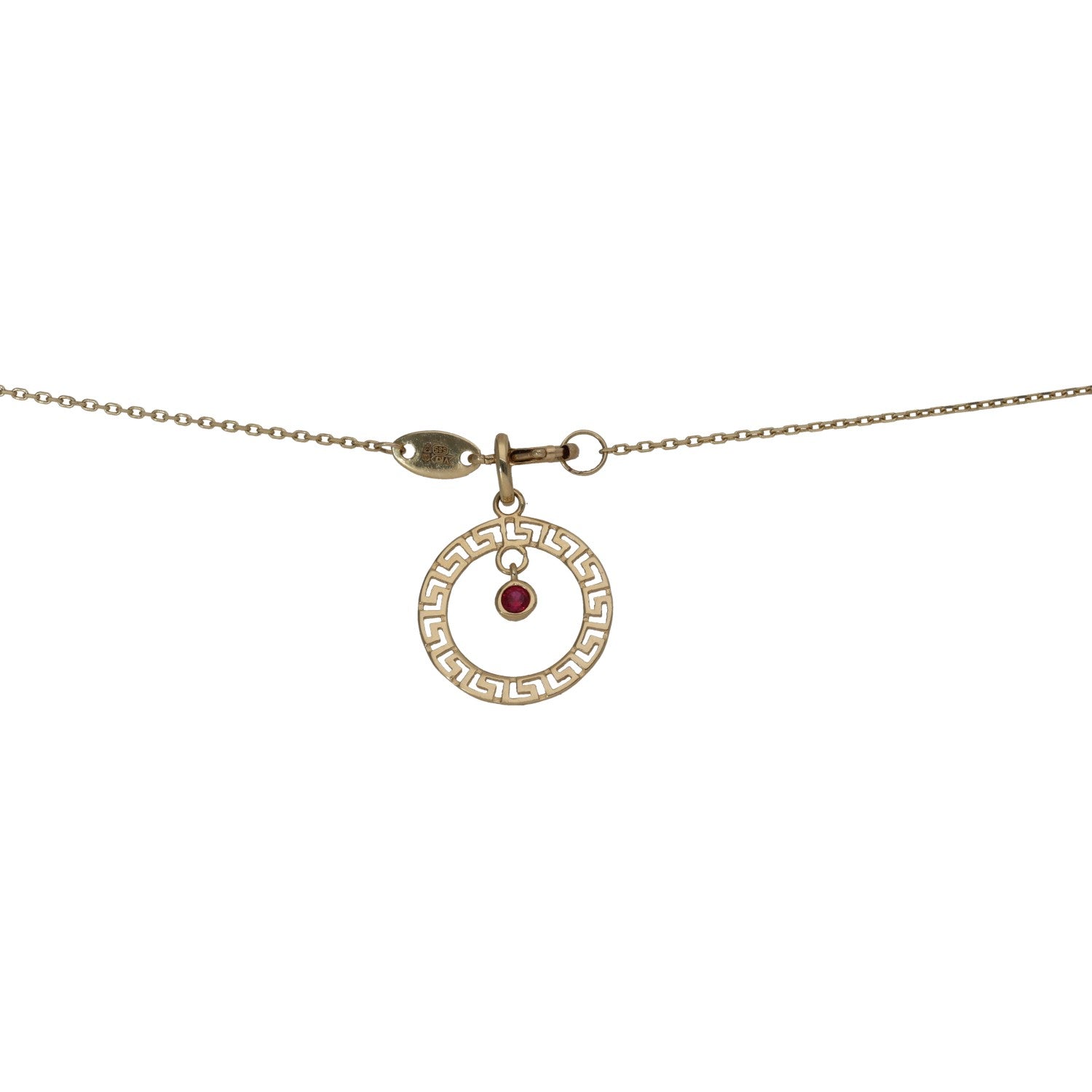 Gold-tone pendant necklace with clasp and round red faux-ruby Greek-key design