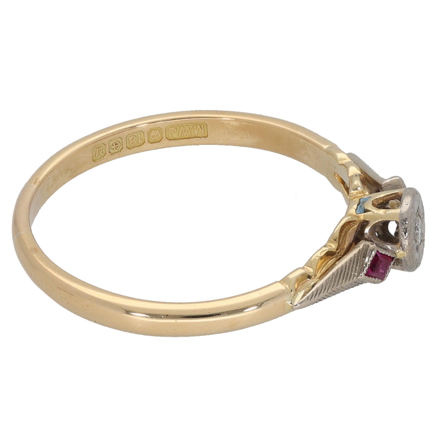 18ct Bi-Colour Gold Ruby & 0.02ct Diamond Three Stone Ring Size R