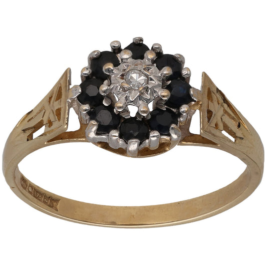 9ct Gold Sapphire & 0.03ct Diamond Cluster Ring Size R