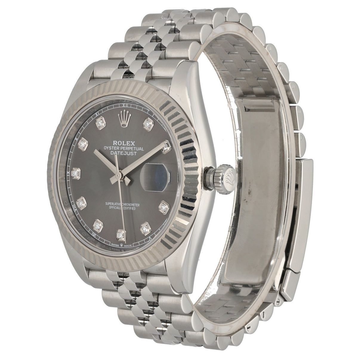 Rolex Datejust 41 126334, grey dial, fluted bezel on Jubilee bracelet, front angle