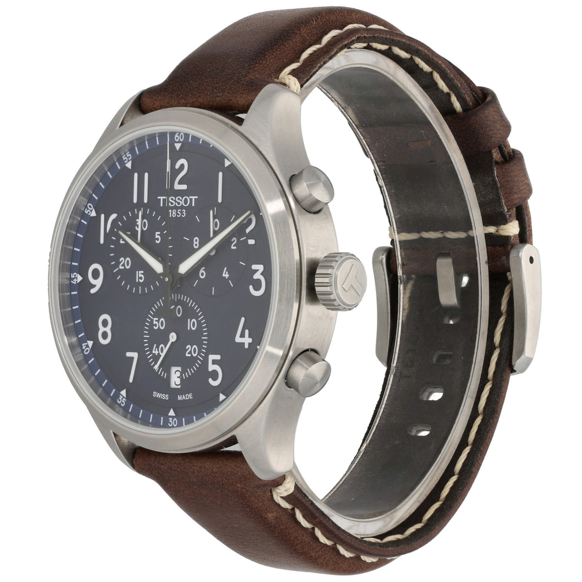 Tissot Chrono XL T116617A, blue dial watch with subdials in stainless steel case and adjustable brown leather bracelet, front angle