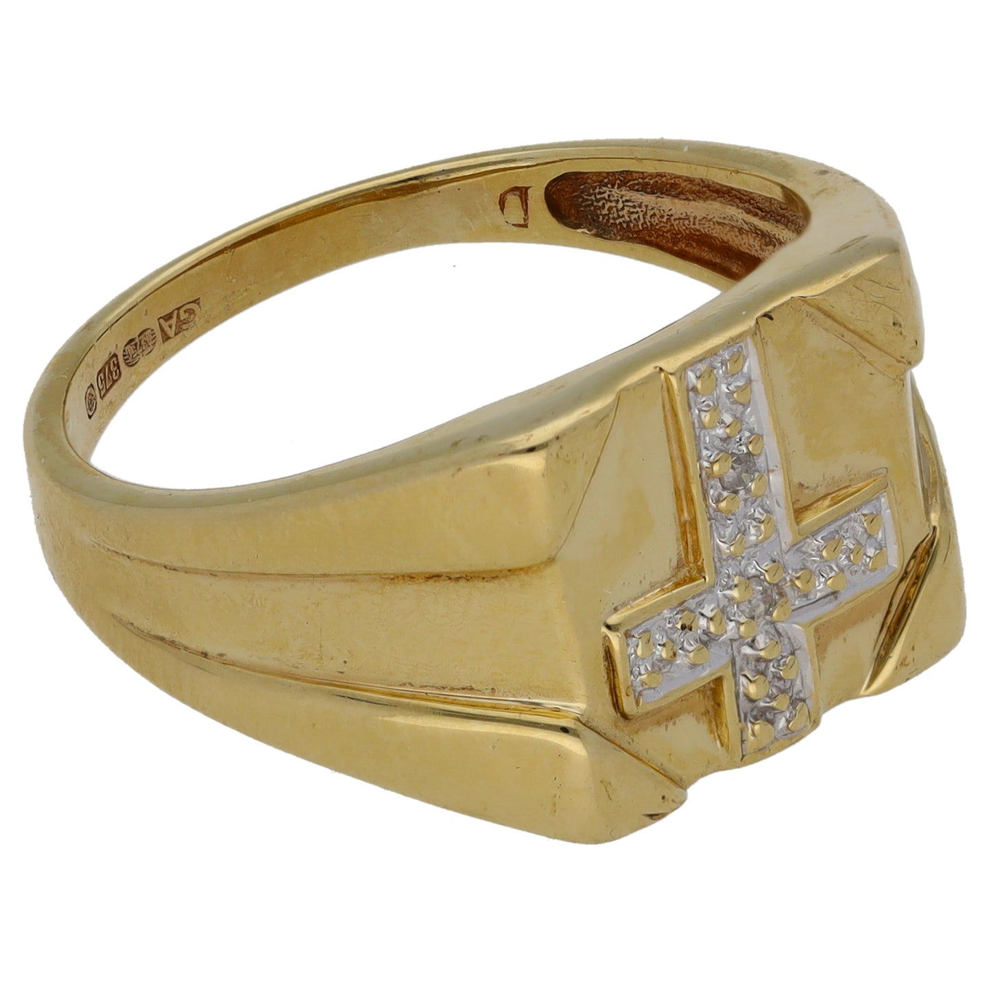 9ct Gold 0.01ct Diamond Patterned Signet Ring Size R