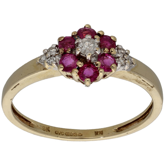 9ct Gold Ruby & 0.13ct Diamond Dress/Cocktail Ring Size T