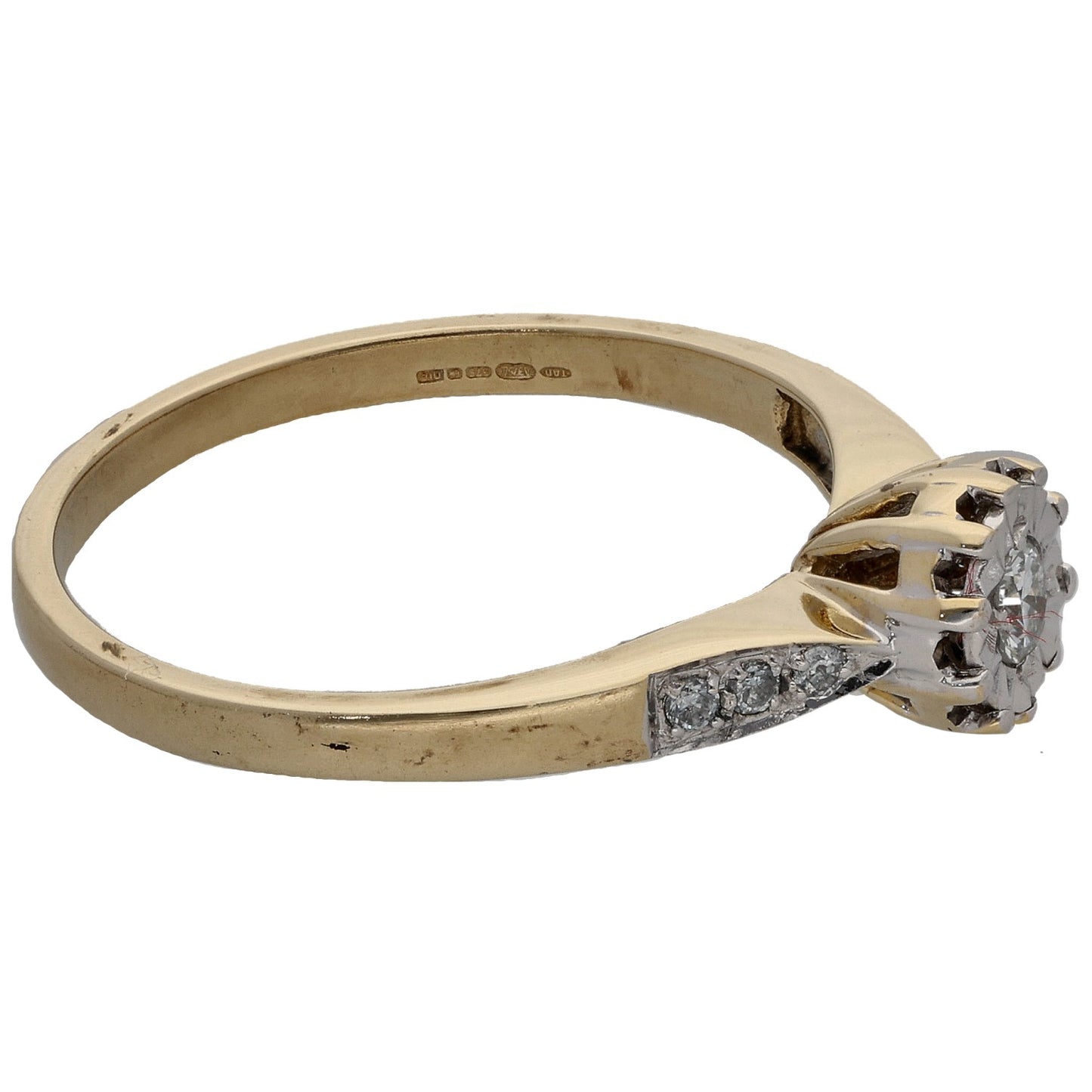 9ct Gold 0.20ct Diamond Solitaire Ring With Accent Stones Size T