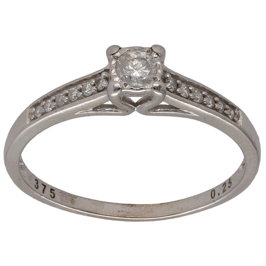 9ct White Gold 0.33ct Diamond Solitaire Ring With Accent Stones Size S