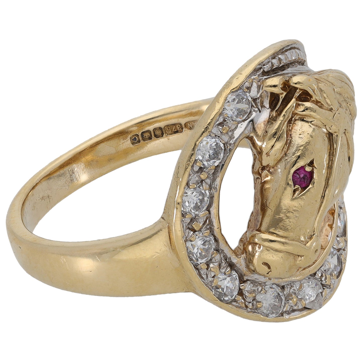 9ct Gold Ruby & Cubic Zirconia Horse Ring Size X