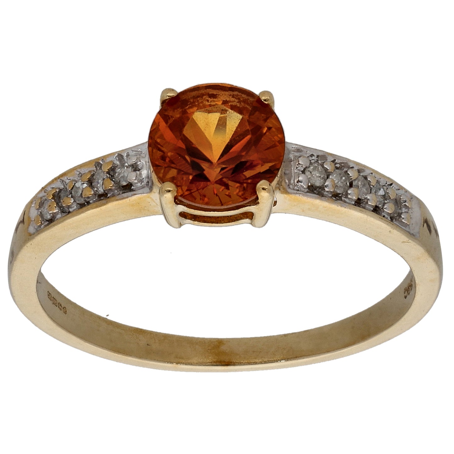 9ct Gold Citrine & 0.05ct Diamond Single Stone Ring with Accent Stones Size P