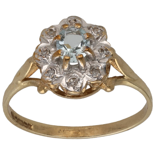 9ct Gold Aquamarine & 0.04ct Diamond Dress/Cocktail Ring Size M