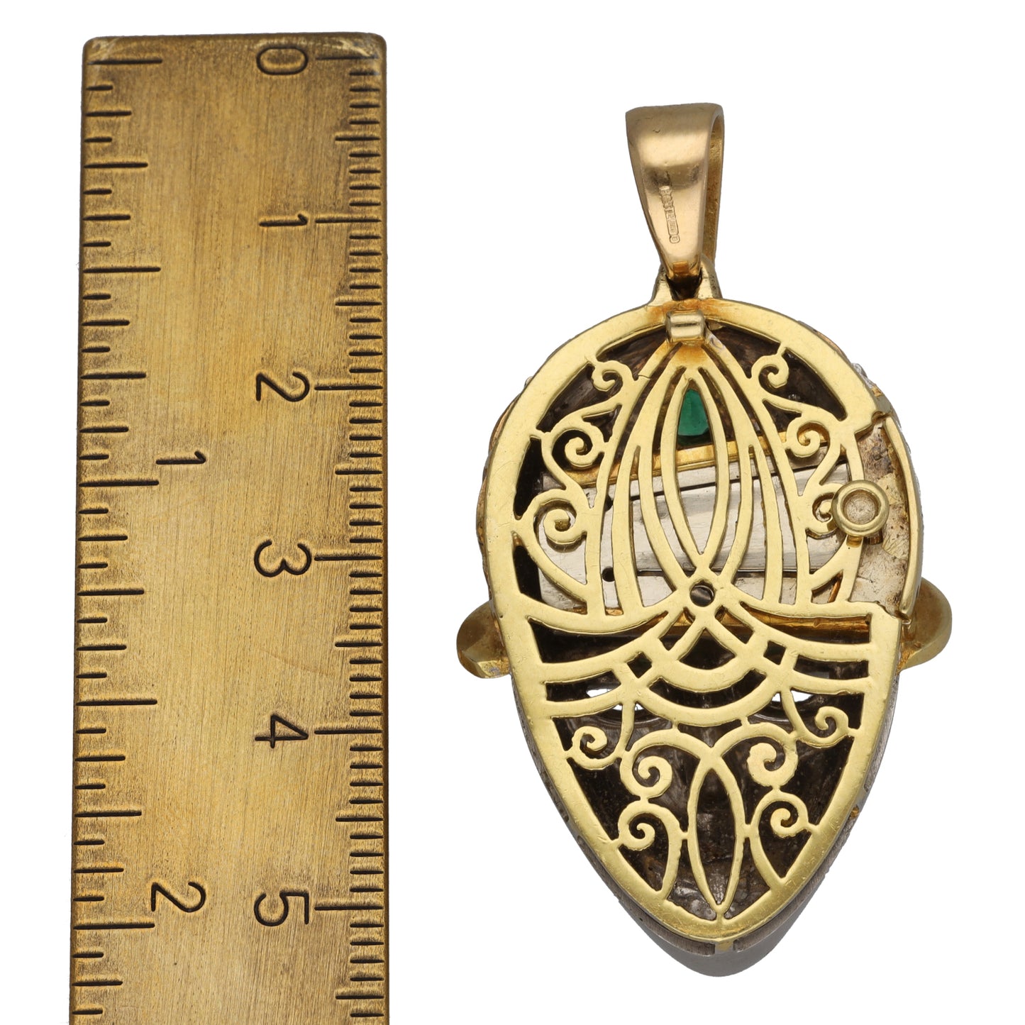 14ct Gold Man Made Emerald & 0.13ct Diamond Mask Pendant
