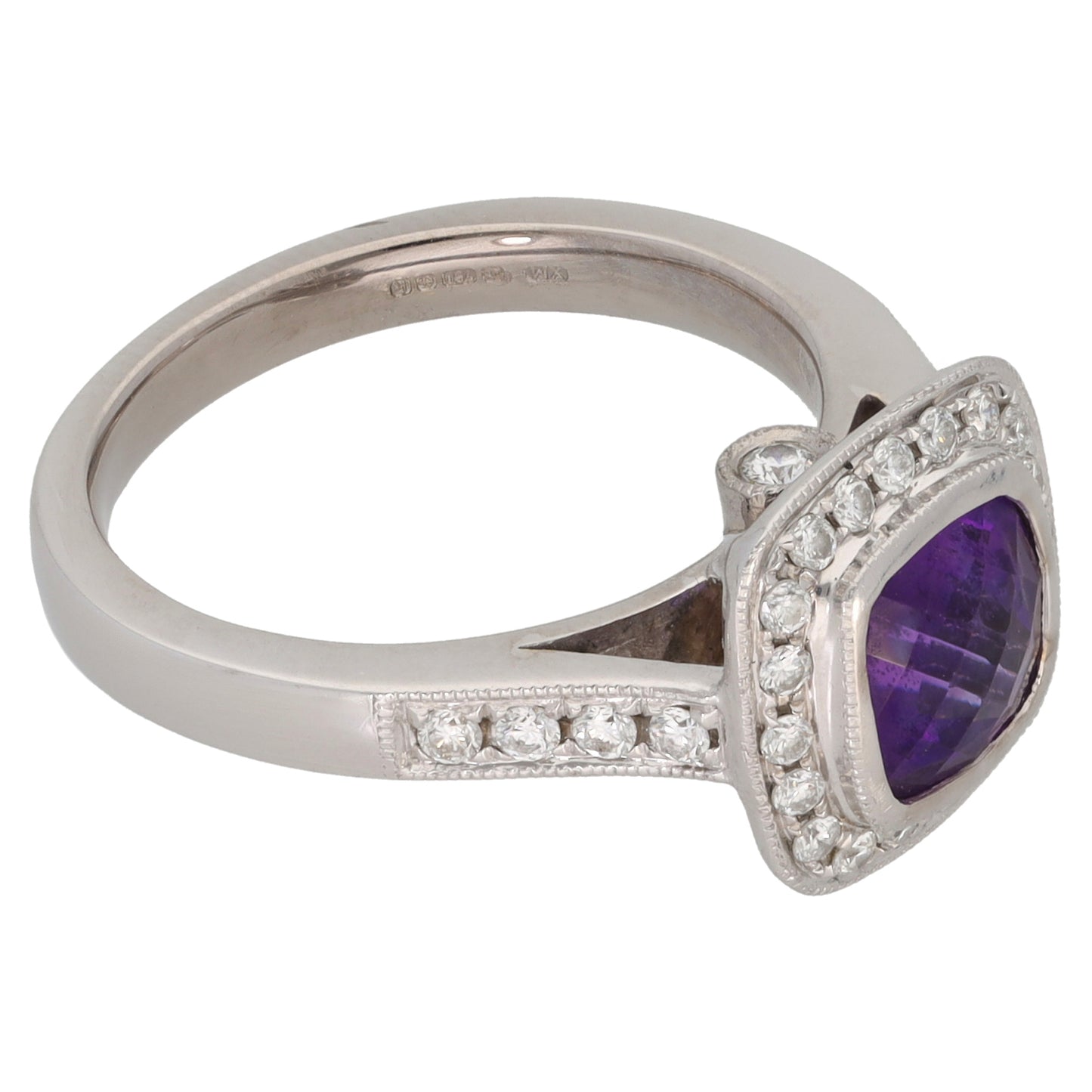 18ct White Gold Amethyst & 0.28ct Diamond Cluster Ring Size M