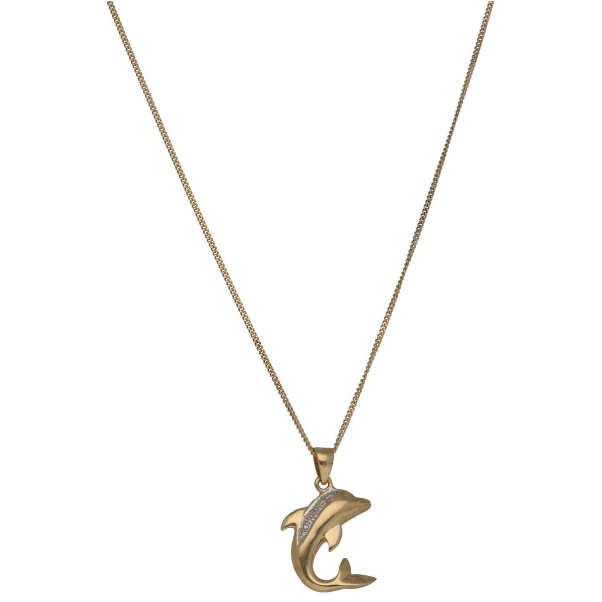 9ct Gold 0.015ct Diamond Dolphin Pendant With Chain