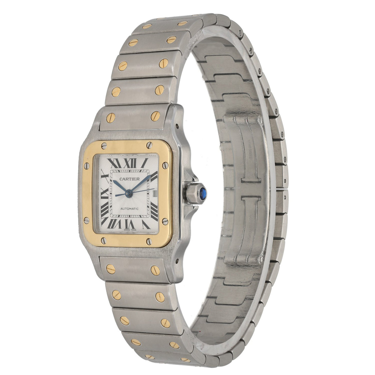 Cartier Santos Galbee W20058C4 with a white dial in  a stainless steel and gold casem with a bracelet featuring screws fron angle