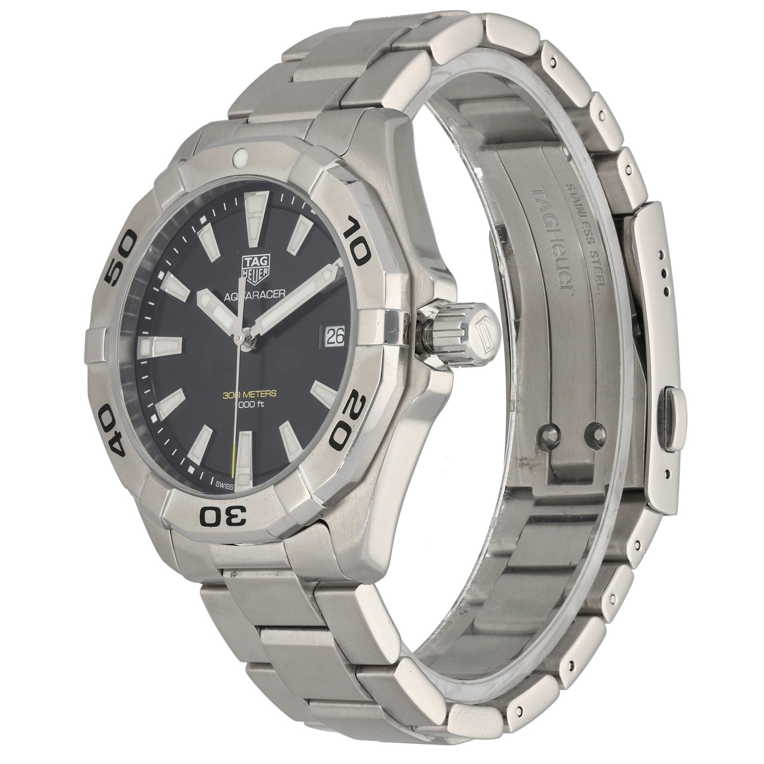 Tag Heuer Aquaracer WBD1110, black dial in stainless steel case and bracelet, with crown, front angled image