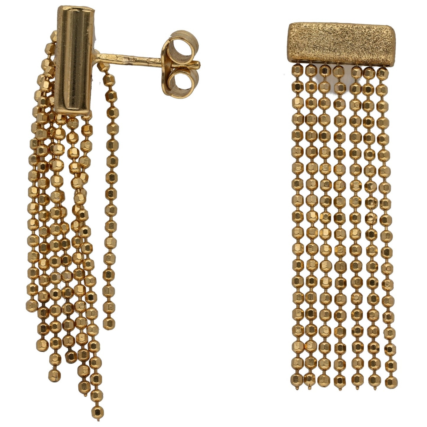 9ct gold long fringe drop earrings with small bead rows