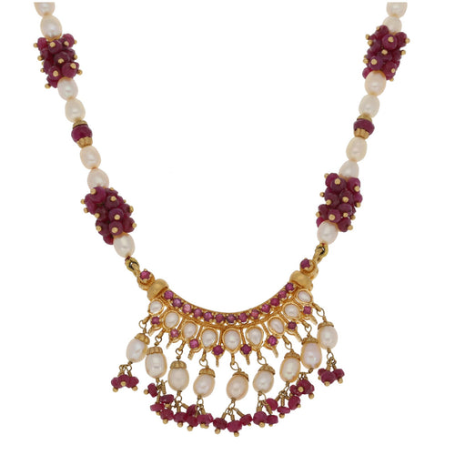 22ct Gold Pearl & Ruby Necklace & Earring Set of Jewellery
