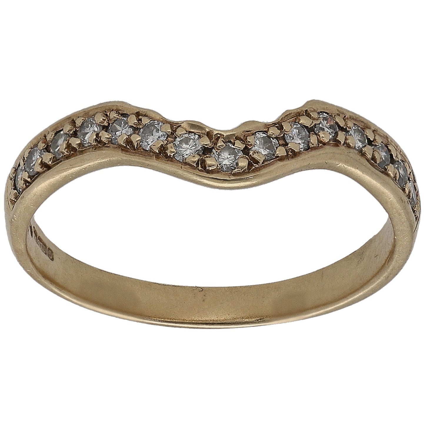 9ct gold half eternity ring with round diamonds on a curved band, front view