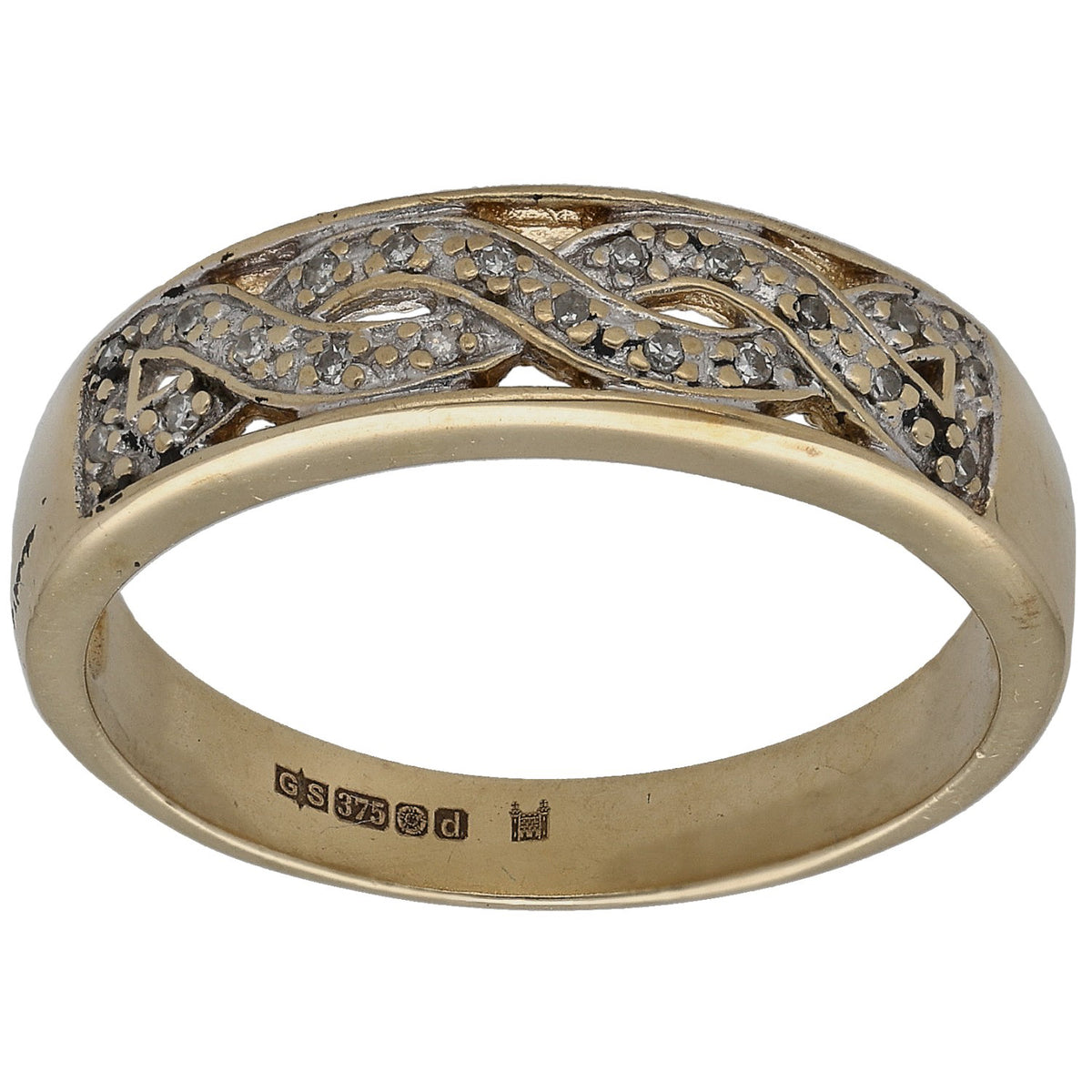 9ct gold wedding ring with patterned round diamond accents on top band