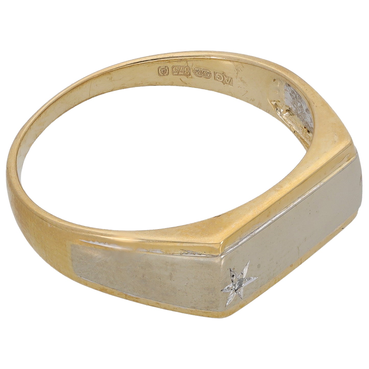 9ct Bi-Colour Gold 0.005ct Diamond Patterned Signet Ring Size U