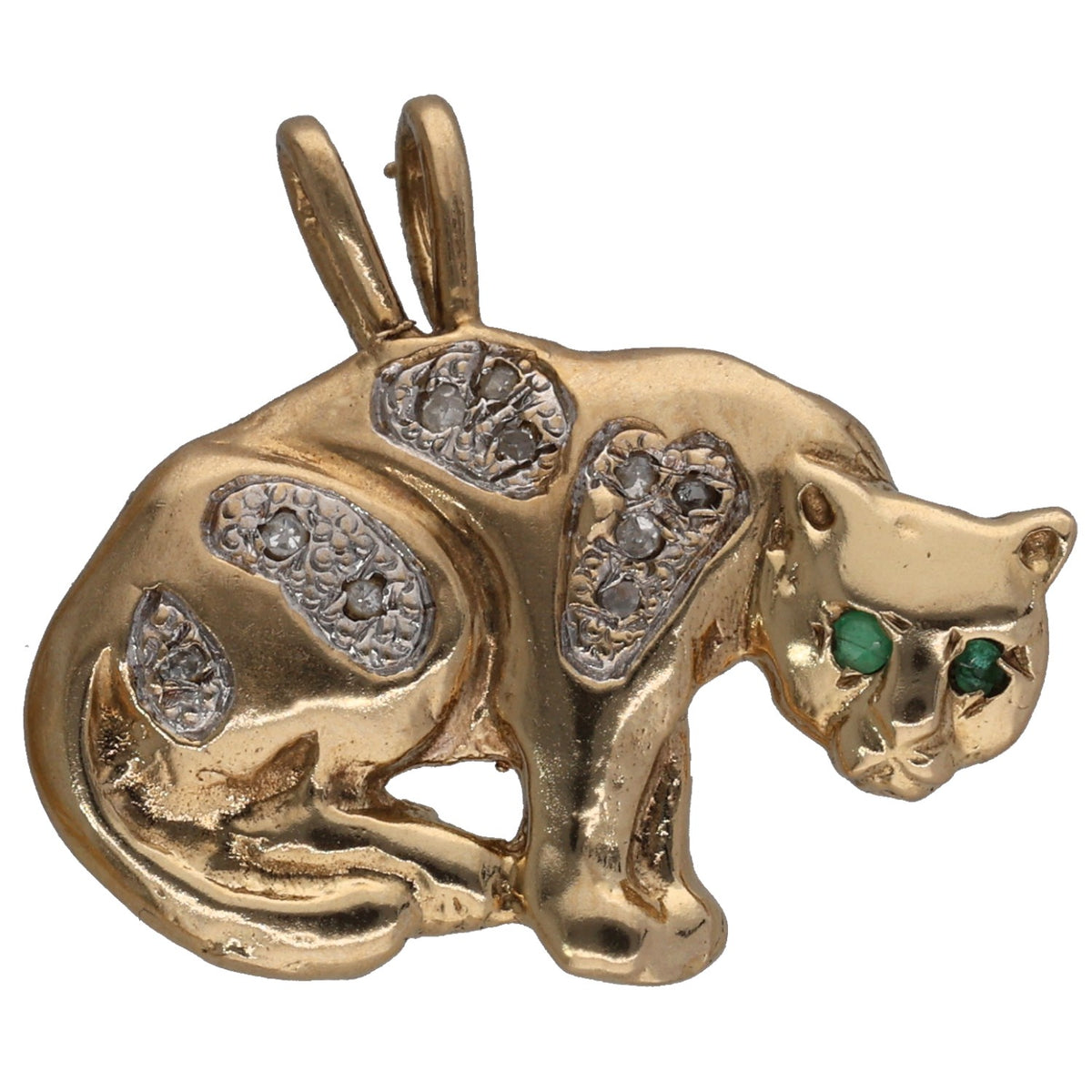 Gold cat-shaped animal pendant with emerald eyes, diamond-textured body, and bail loop
