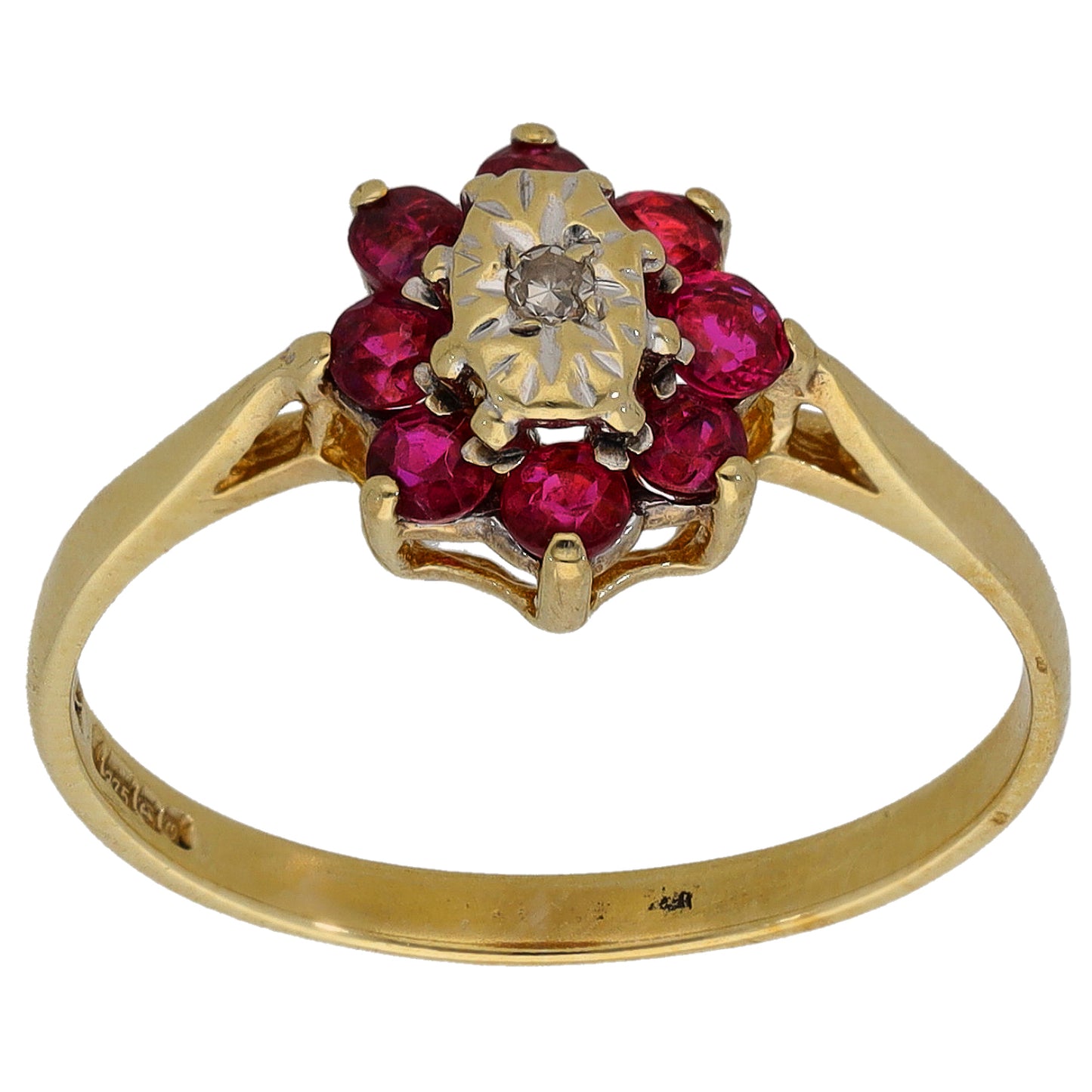 9ct Gold Ruby & 0.01ct Diamond Cluster Ring Size M