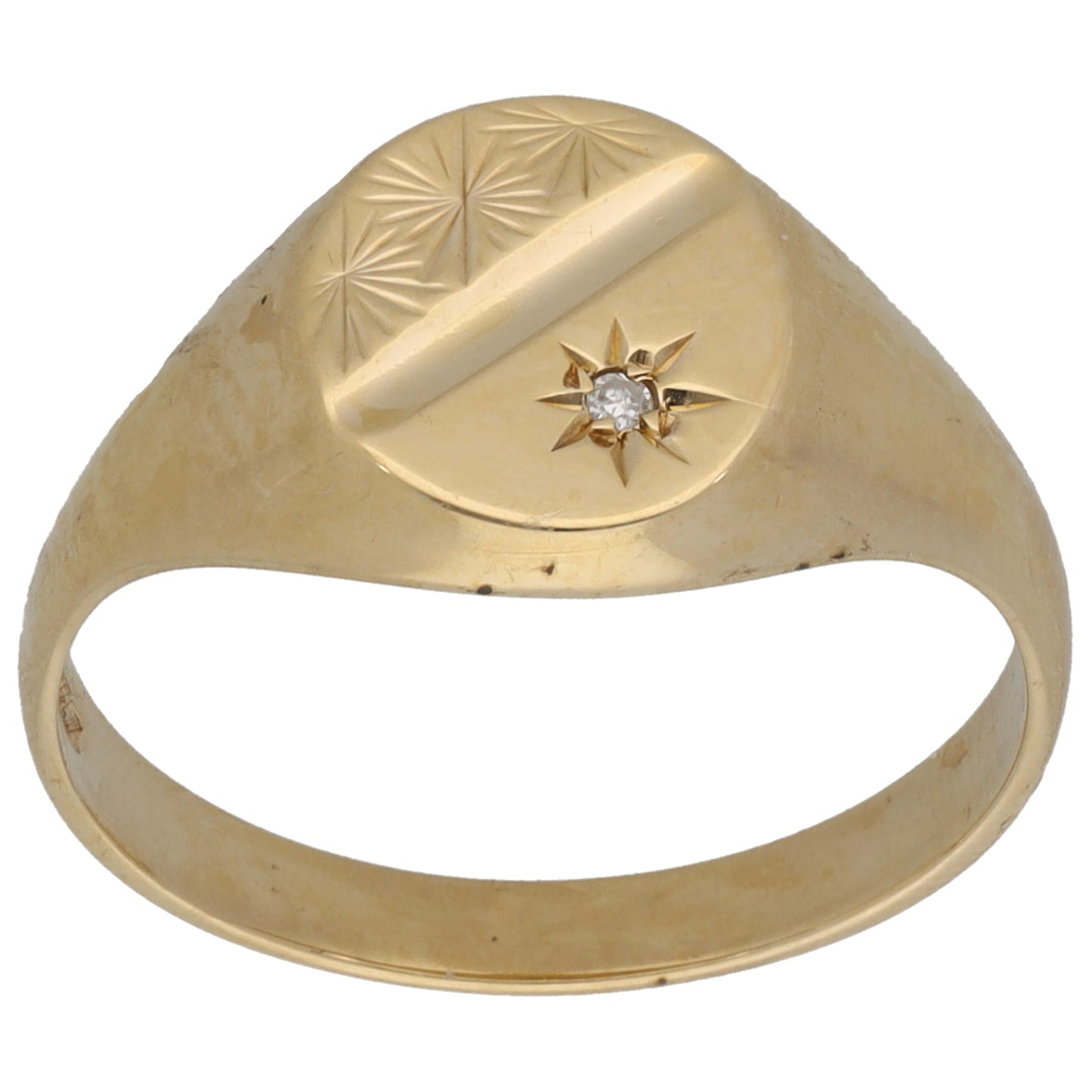 9ct Gold 0.005ct Diamond Patterned Single Stone Signet Ring Size N