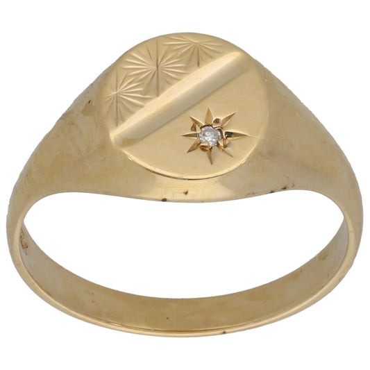 9ct Gold 0.005ct Diamond Patterned Single Stone Signet Ring Size N