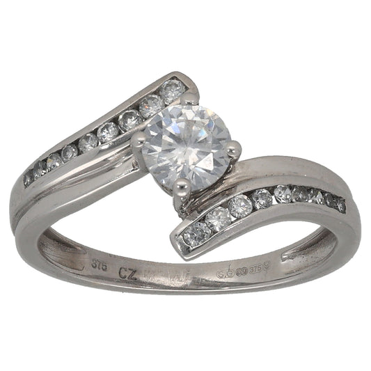 9ct White Gold Cubic Zirconia Single Stone Ring with Accent Stones Size L