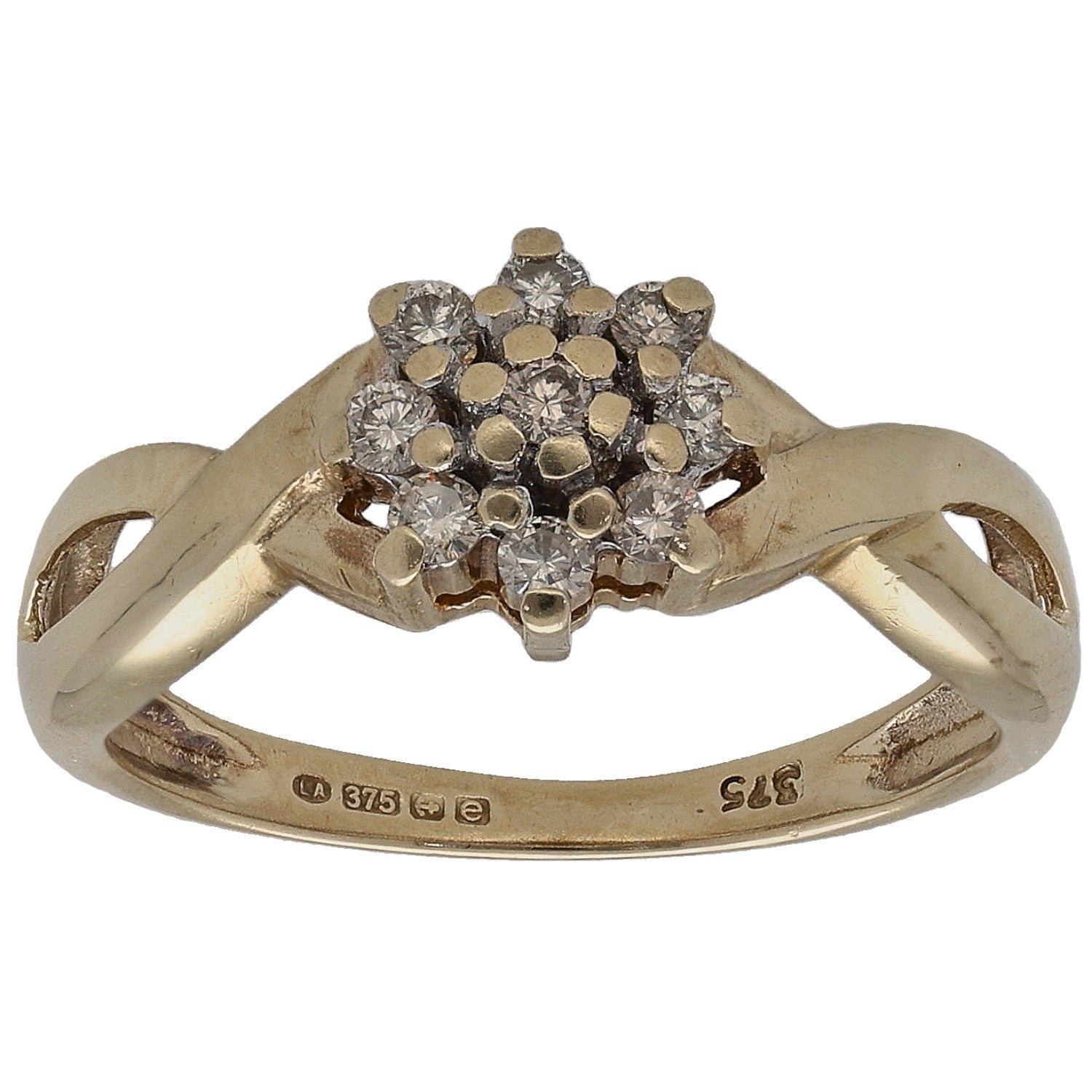 9ct yellow gold round diamond cluster ring, prong-set stones on slim band