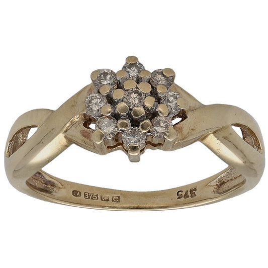 9ct yellow gold round diamond cluster ring, prong-set stones on slim band