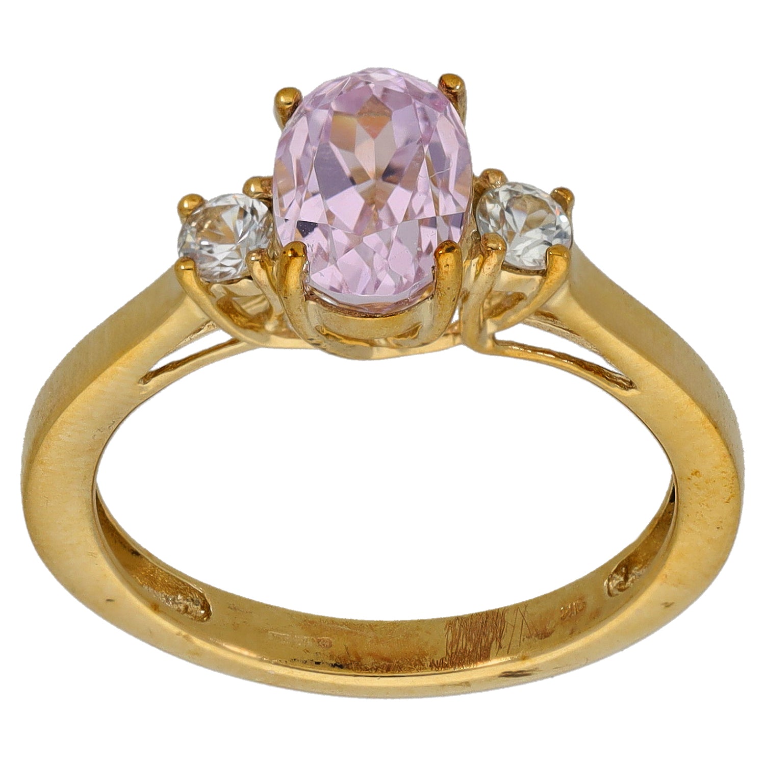 9ct gold ring with oval kunzite-look pink stone and two clear side accents