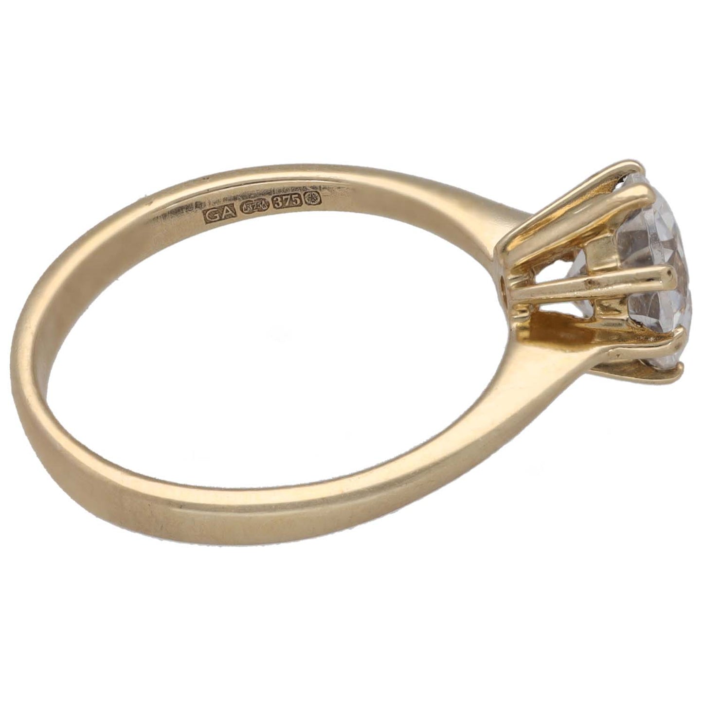 9ct gold ring with round clear CZ in claw prongs; inside hallmark visible