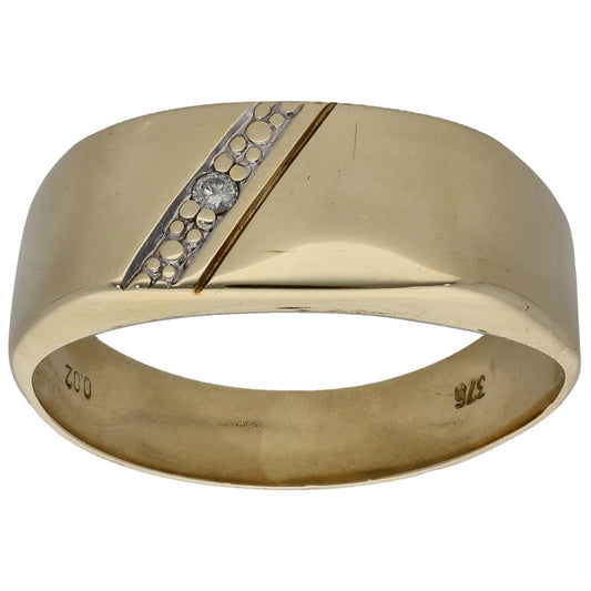 9ct Gold 0.02ct Diamond Patterned Signet Ring Size P