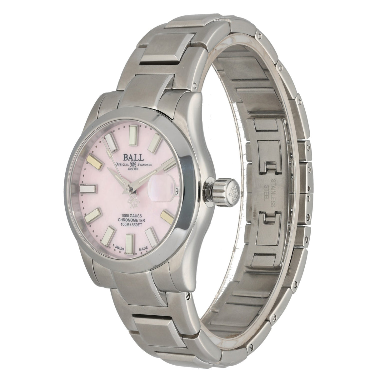 Ball NL6916C Stainless steel wrist watch with pink dial and bracelet, side profile, 36mm