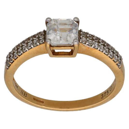 9ct Gold Cubic Zirconia Single Stone Ring With Accents Size L