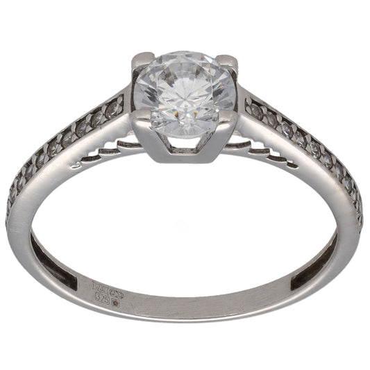 9ct White Gold Cubic Zirconia Single Stone Ring With Accents Size M