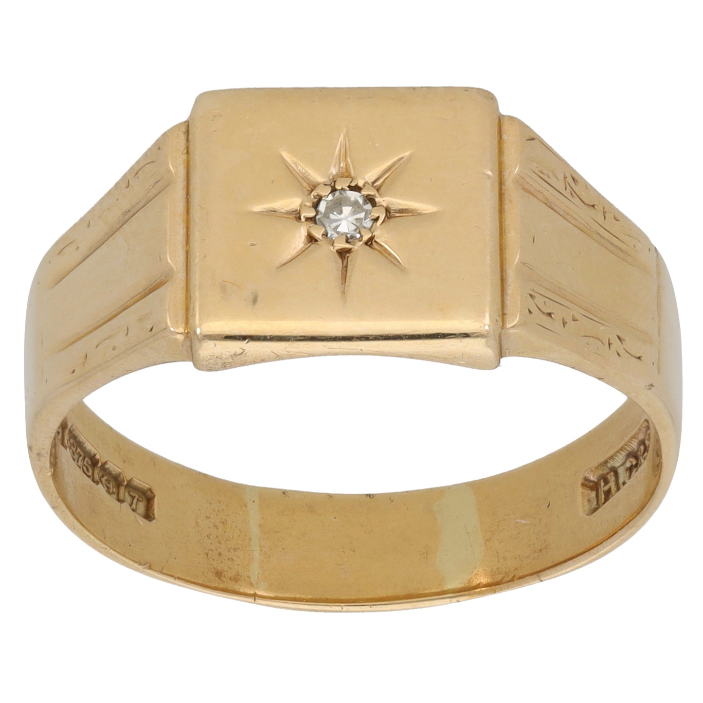 9ct Gold 0.03ct Diamond Patterned Signet Ring Size V
