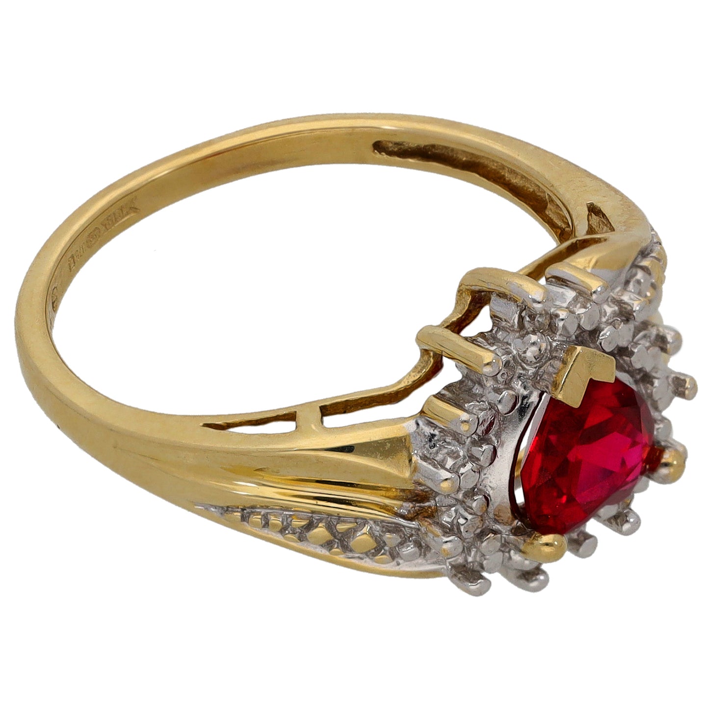 9ct Gold Man Made Ruby & 0.015ct Diamond Dress/Cocktail Ring Size P