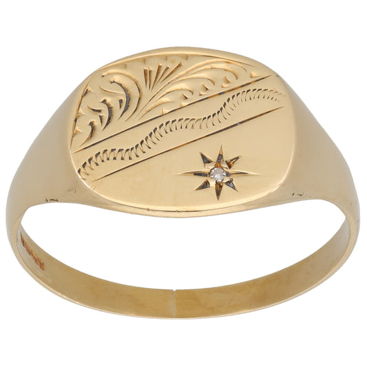 9ct Gold 0.01ct Diamond Patterned Signet Ring Size Z