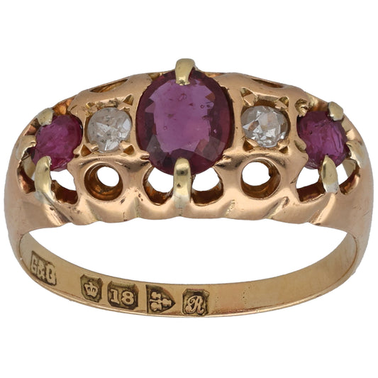18ct Gold Ruby & 0.10ct Diamond Dress Ring Antique & Vintage Size O